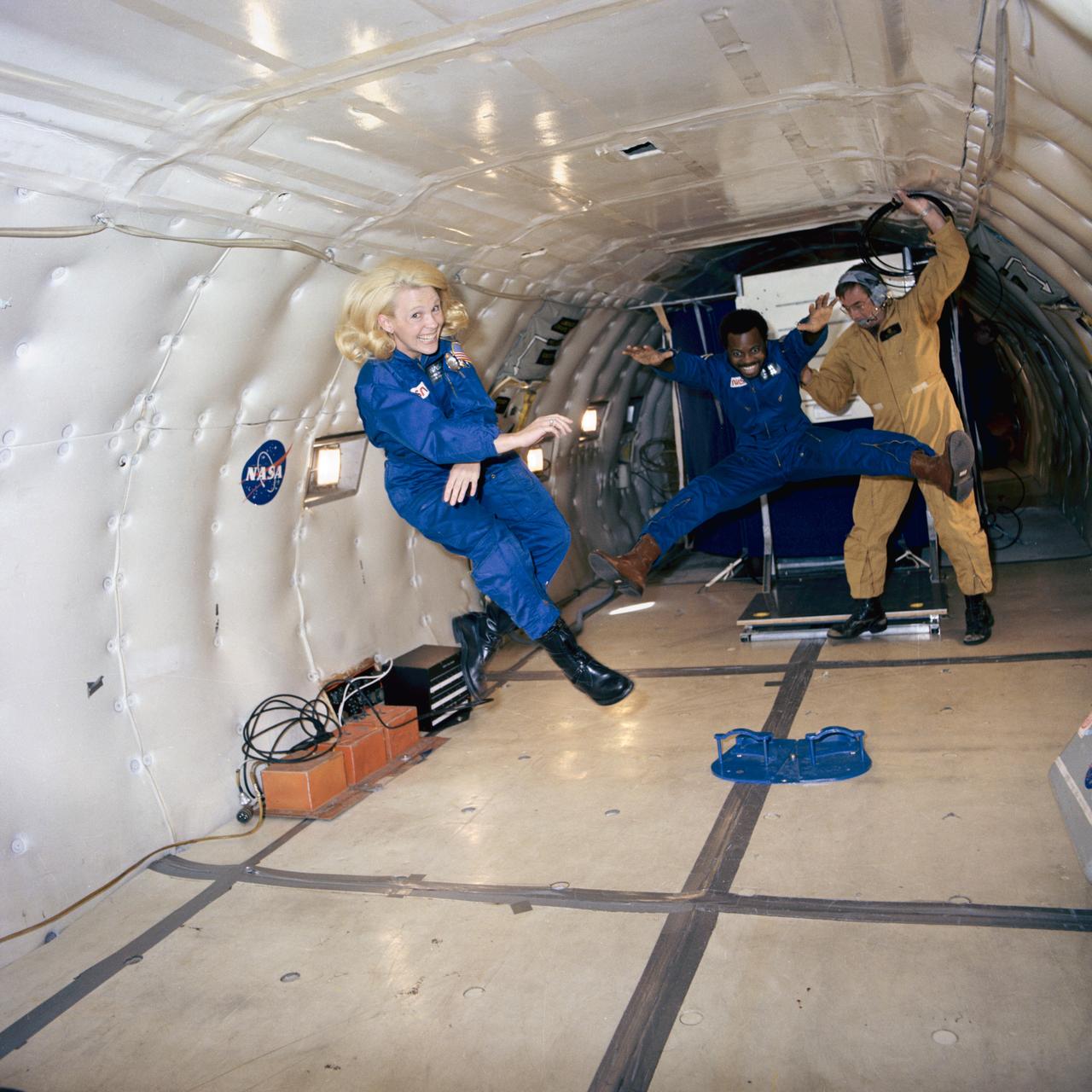Zero-gravity experiments in KC-135 conducted by John Young, Robert L. Crippen, Joseph Kerwin, and Margaret Seddon.  1. Kerwin, Joseph - Zero-G 2. Seddon, Margaret - Zero-G 3. Young, John - Zero-G 4. Aircraft - KC-135