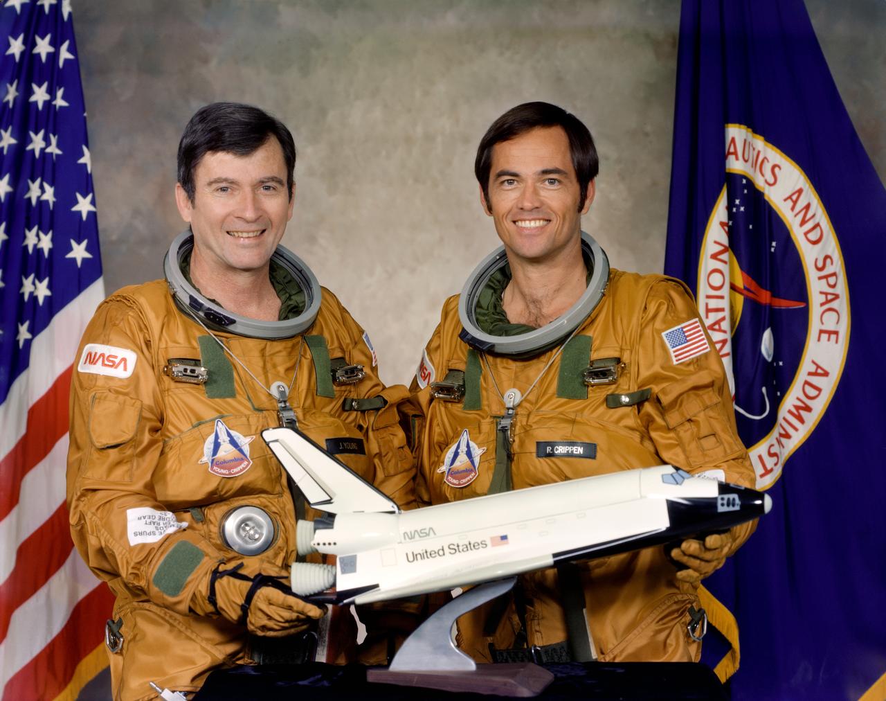 S79-31775 (29 April 1979) --- These two astronauts are the prime crewmen for the first flight in the Space Transportation System (STS-1) program. Astronauts John W. Young, left, commander, and Robert L. Crippen, pilot, will man the space shuttle orbiter 102 Columbia for the first orbital flight test. Photo credit: NASA