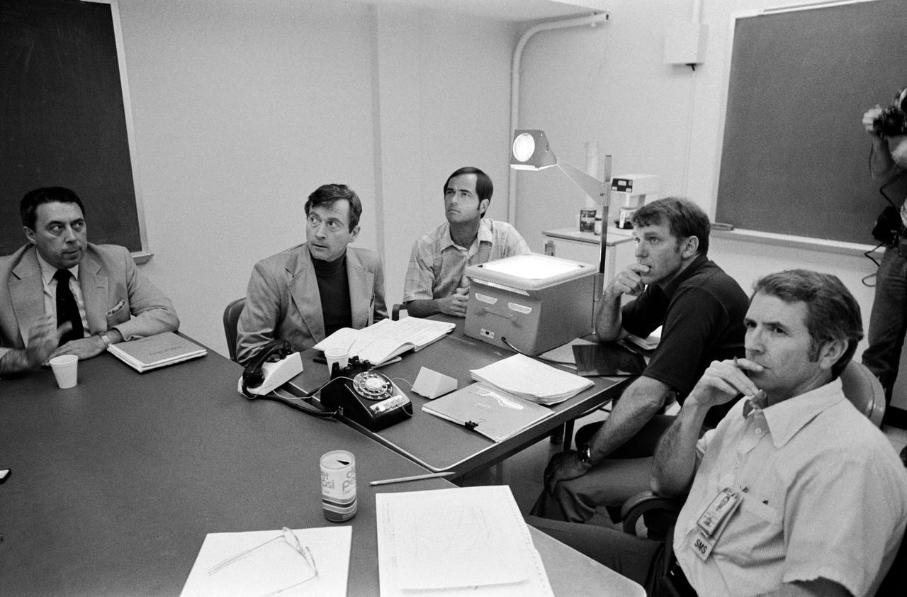 S81-29618 (6 April 1981) --- STS-1 prime and backup astronaut crew members look at visuals during a coordinated teleconference with engineers. Seated at the table in a briefing room at NASA's Johnson Space Center are, clockwise from the left, George W.S. Abbey, Director of Flight Operations, John W. Young, Robert L. Crippen, Joe H. Engle and Richard H. Truly. Young and Crippen are prime crewmen preparing to man the Columbia later this week for the flight of STS-1. Rockwell International engineers in California as well as JSC engineers participated in this telecon. Photo credit: NASA