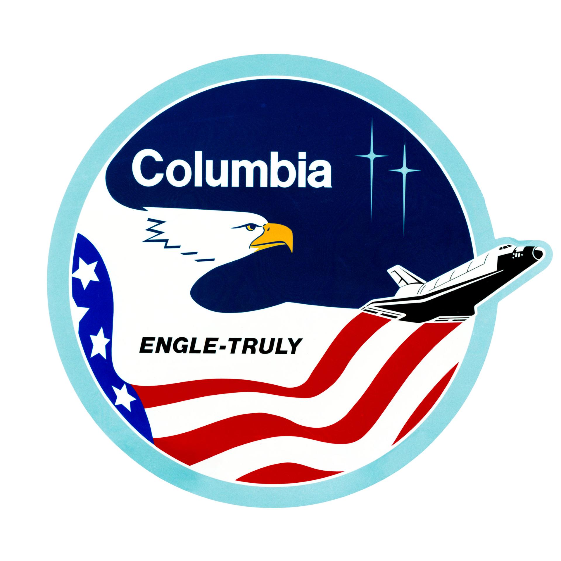 STS-2 insignia featuring the words Columbia and Engle-Truly along with an image of the space shuttle, an American flag, and an eagle.