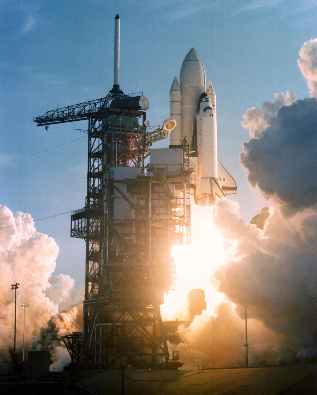 S81-30499 (12 April 1981) --- Space shuttle Columbia flies. Just seconds past the scheduled launch time of 7 a.m. on April 12, 1981, America's Space Transportation System becomes a fact, with the liftoff of the first space shuttle from Launch Pad 39A. The successful maiden flight of the new concept in space vehicles took astronauts John Young and Robert Crippen into an Earth-orbital mission scheduled to last for 54 hours, concluding with unpowered landing at Edwards Air Force Base, California. Photo credit: NASA or National Aeronautics and Space Administration