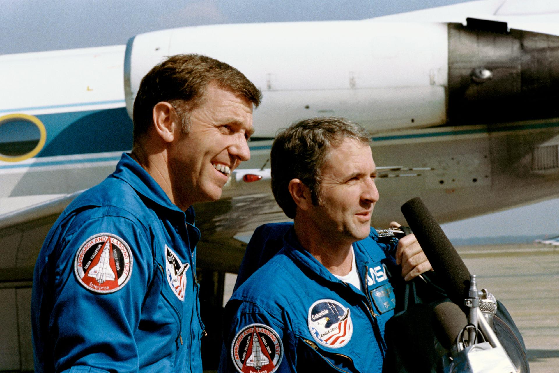Joe Engle and Richard Truly talk to the press at Ellington Air Force Base