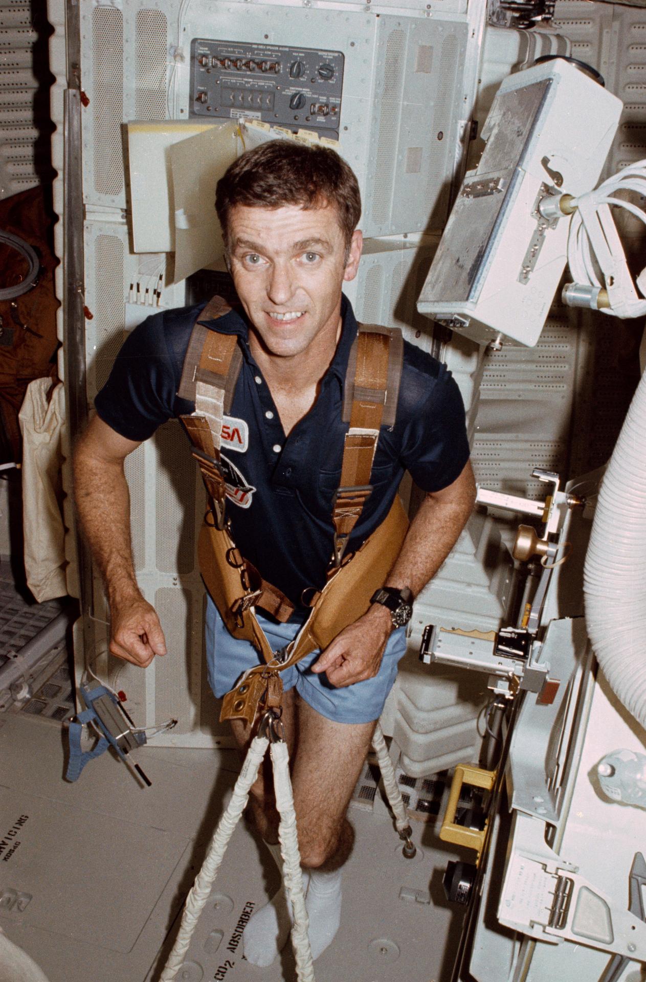 Joe Engle exercises on STS-2