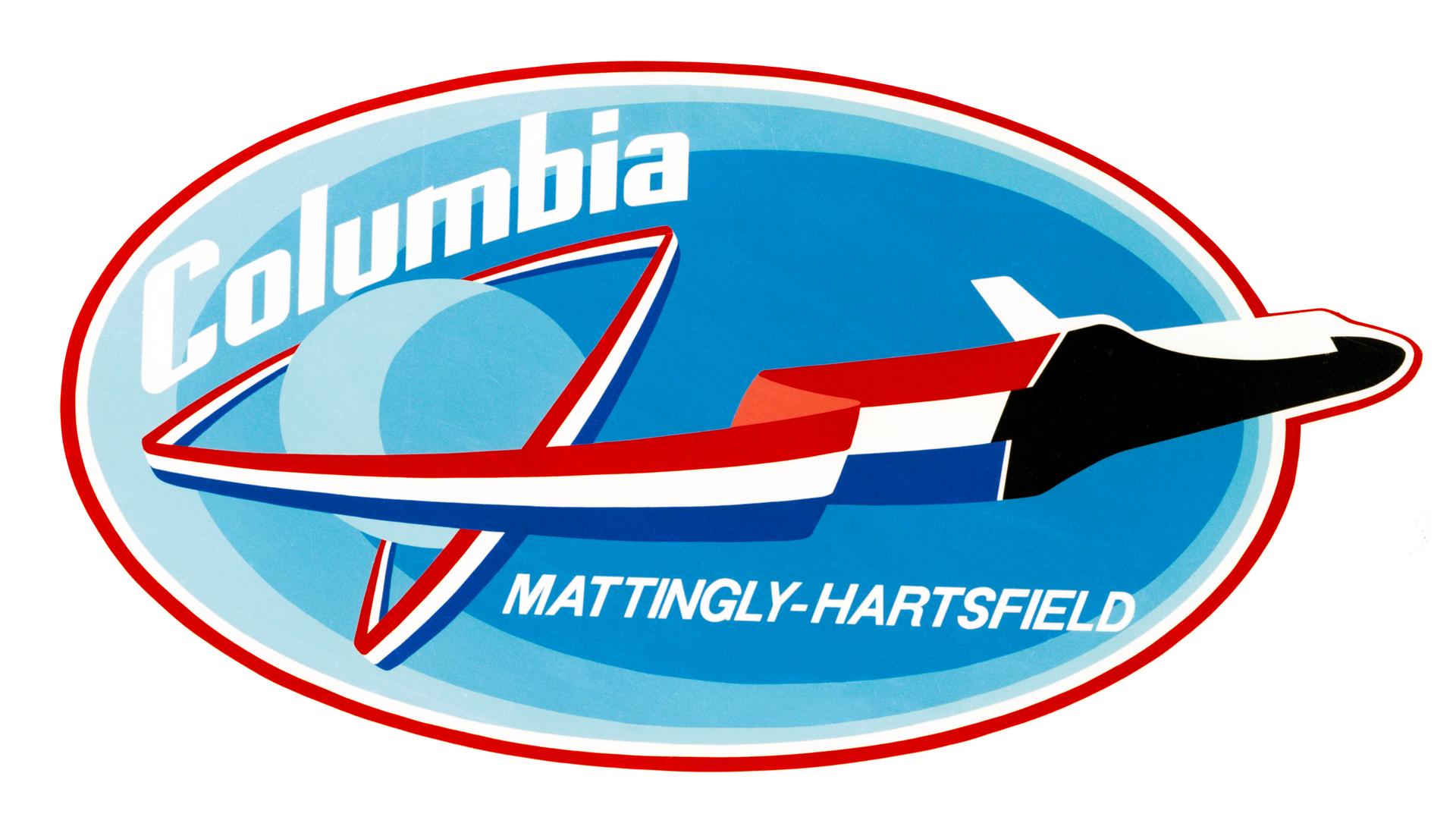 STS-4 Insignia with the words Columbia and Mattingly-Hartsfield showint the Shuttle with a red white and blue ribbon trailing from it, encircling a globe.