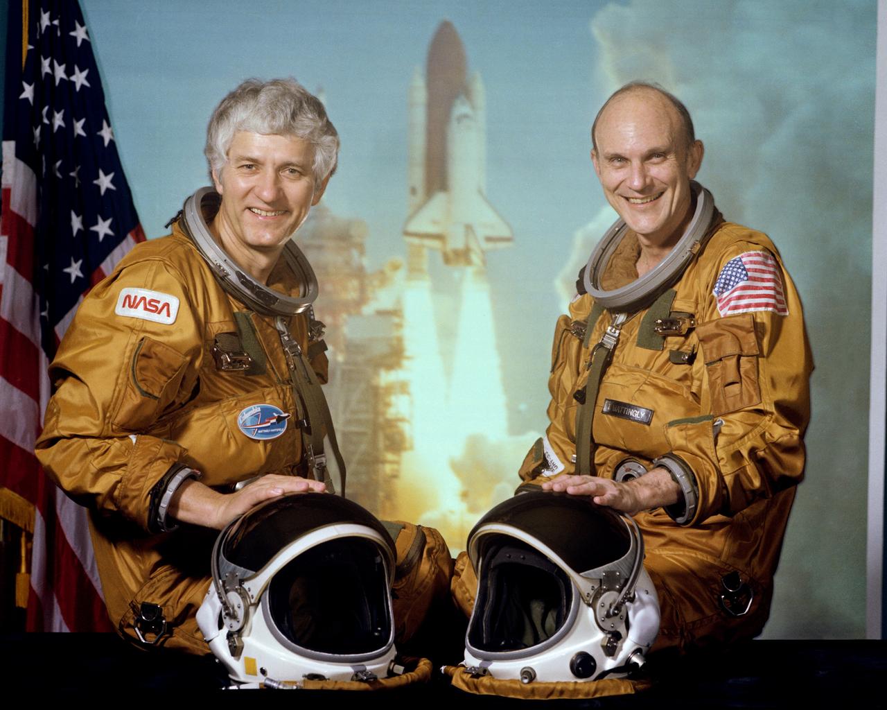 S82-31207 (1 May 1982) --- These two astronauts will man the space shuttle Columbia for NASA's fourth and final (STS-4) orbital flight test. Thomas K. (Ken) Mattingly II, right, is crew commander. Henry W. Hartsfield Jr., is pilot. Their flight is scheduled for launch in late June 1982, and is to last approximately one week, with launch to take place form KSC and landing to be on the dry lake beds of Edwards Air Force Base and Dryden Flight Research Facility (DFRC) in California. Photo credit: NASA