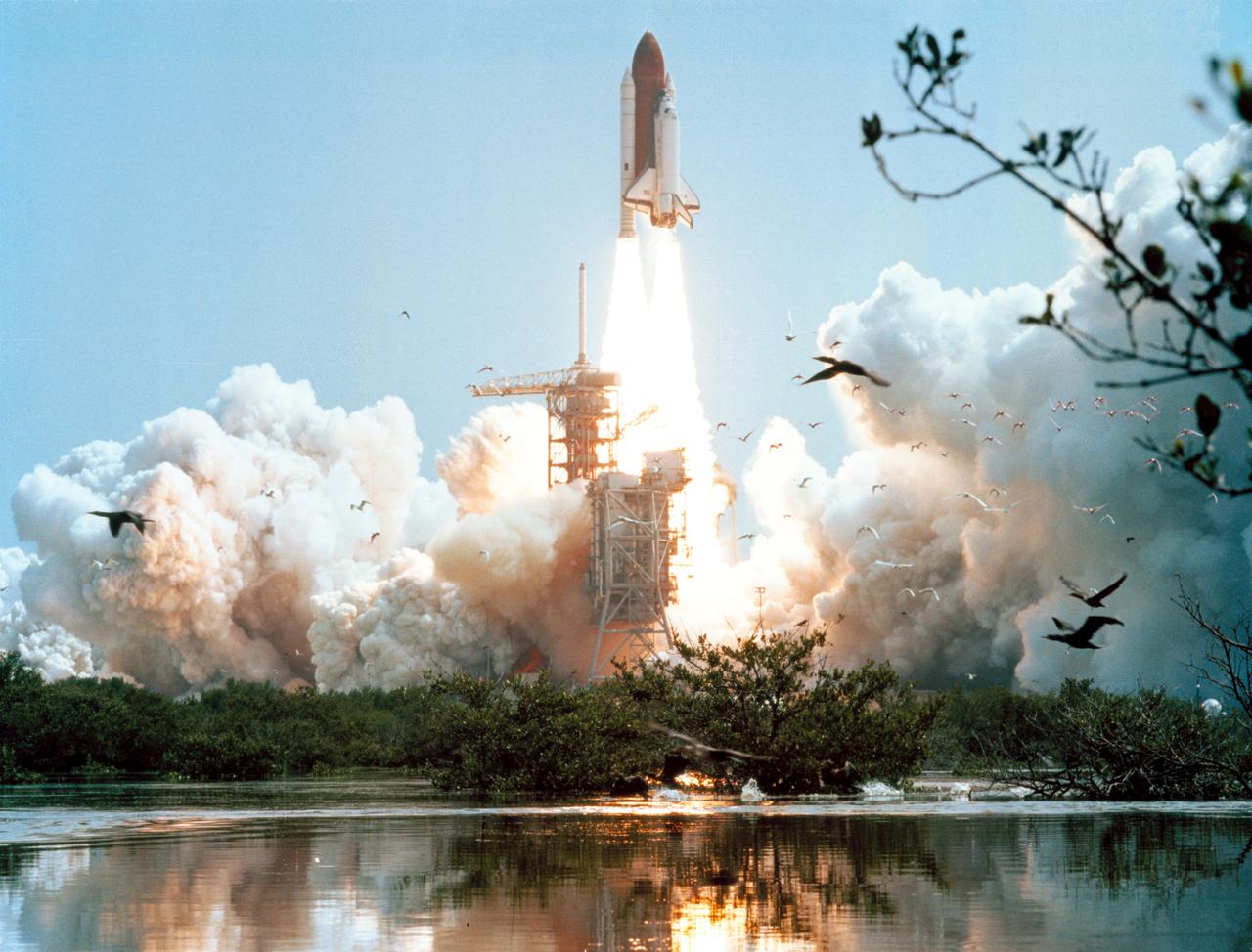 S82-33288 (27 June 1982) --- This horizontal view of the space shuttle Columbia captures the flight of water birds disturbed by the activity at launch Pad 39A. Launch occurred at 10:59:59 a.m. (EDT), June 27, 1982. Astronauts Thomas K. Mattingly II and Henry W. Hartsfield Jr. are aboard for NASA's final orbital flight test before launching into a new space era with the first operational flight planned for fall of this year. Photo credit: NASA