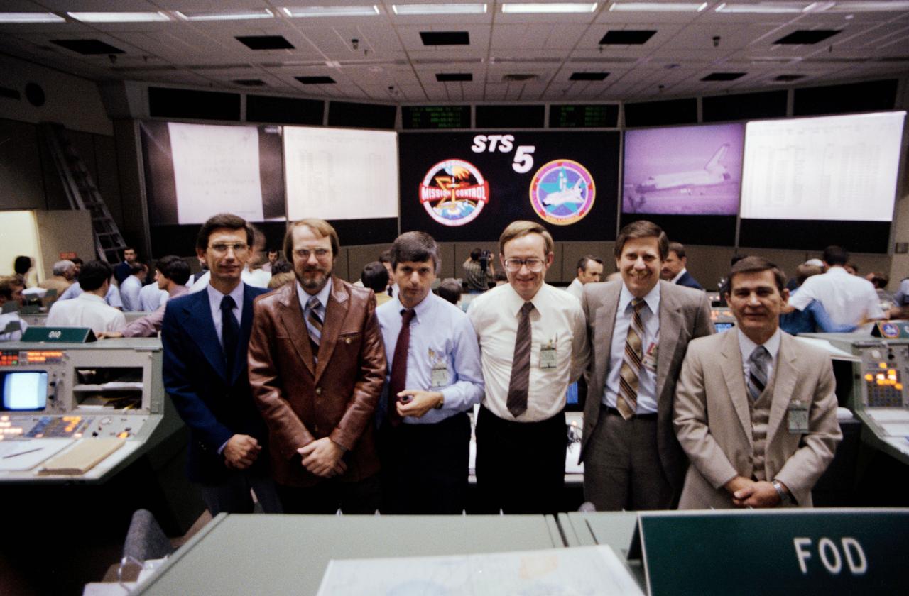 Views of MOCR activity during the STS-5 Mission (11/11-16/1982) of Dr. Hans Mark, NASA Deputy Administrator; Gerald Griffin; portrait of the STS-5 Flight Directors, Flight Director (FD) Cox and Lt. Gen. James A. Abrahamson, Associate Administrator for Space Flight, in the MOCR during the STS-5 Mission.   1. Abrahamson, J. T., Gen,.- STS-5 MOCR  2. Flight Directors - STS-5 MOCR  3. STS-5 - Inflight MOCR  4. Mark, Hans Dr. - STS-5 MOCR  5. Dir. Griffin, Gerald- STS-5 MOCR  JSC, Houston, TX.  S83-27153 thru S83-27158