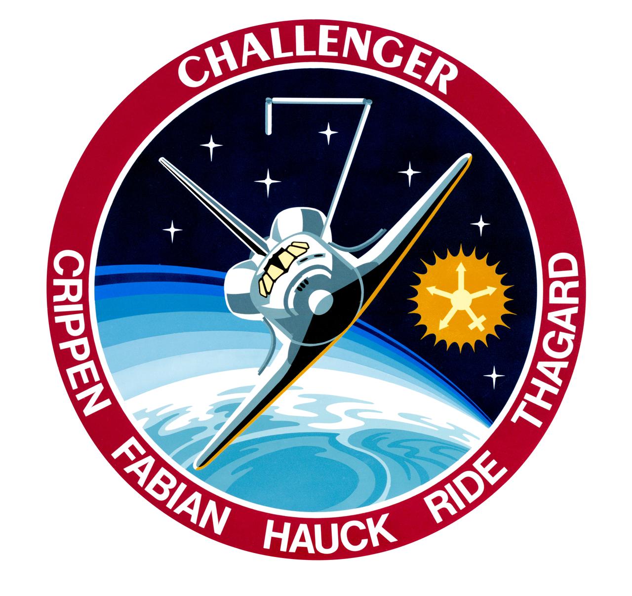 S83-28355 (March 1983) --- The space shuttle Challenger, making its second flight into space on STS-7, is featured in the art for the insignia for that NASA flight. The remote manipulator arm is positioned such that, the number 7 is formed.  Likewise, seven stars are visible against the black sky. Within the sun?s center are representations for the five crew members, including, for the first time in NASA?s space program, a woman ? Dr. Sally K. Ride, mission specialist. The crew member?s surnames are listed along the outside edge of the sphere. They are astronauts Robert L. Crippen, commander; Frederick H. Hauck, pilot; John M. Fabian, Sally K. Ride and Norman E. Thagard, mission specialists. The flight is scheduled for the first week of June 1983.    The NASA insignia design for space shuttle flights is reserved for use by the astronauts and for other official use as the NASA Administrator may authorize. Public availability has been approved only in the forms of illustrations by the various news media. When and if there is any change in this policy, which is not anticipated, the change will be publicly announced. Photo credit: NASA