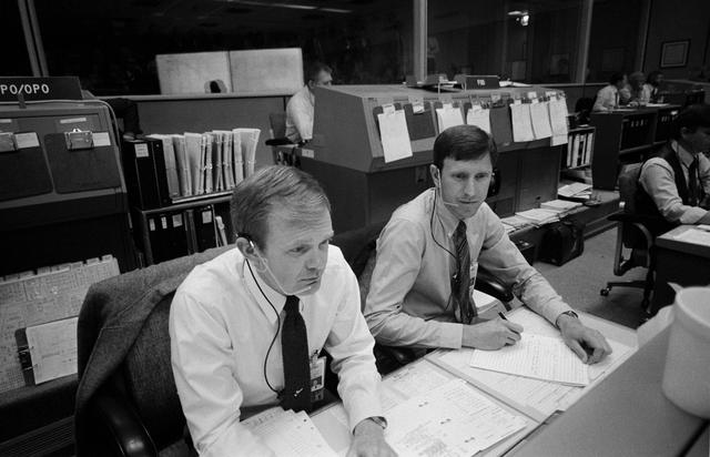 NASA image: Mission Operations Control Room (MOCR) activities during STS-6 mission