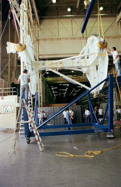 NASA image: STS-8 payload flight test article prior to shipment to KSC