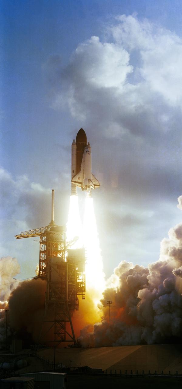 S83-35702 (18 June 1983) --- The seventh launch of the NASA Space Transportation System and the second lift-off of the space shuttle Challenger occurred at 7:33 a.m. (EDT) today from the Pad 39A launch site, at the Kennedy Space Center (KSC). The six-day mission will be highlighted by the first direct landing from space by an orbiter to the Shuttle Landing Facility (SLF). The crew consists of astronauts Robert Crippen, commander, the first two-time space shuttle astronaut; Frederick H. Hauck, pilot; and three mission specialists --  Sally K. Ride, John M. Fabian and  Norman E. Thagard. During the mission the crew will deploy the Indonesian PALAPA-B and the Canadian ANIK-C communications satellites. They will also use the Remote Manipulator System (RMS) arm to deploy and retrieve a platform for space experiments called the Shuttle Pallet Satellite (SPAS), and serve as a spaceborne laboratory for OSTA-2, a scientific payload. Getaway Special canisters and materials processing experiments will fill out the complement of payloads on the mission. Photo credit: NASA