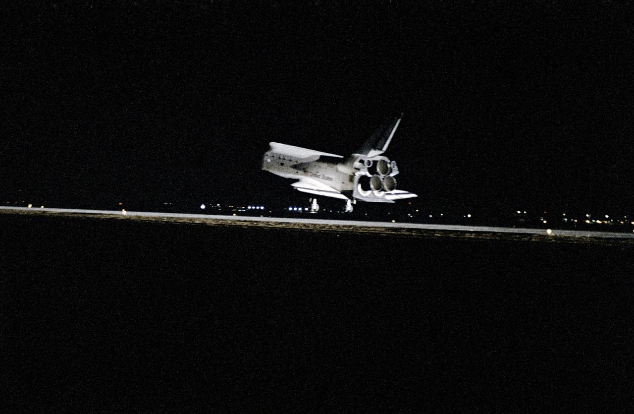 Night landing of STS-8, just before touchdown nose in dark.    KSC, FL