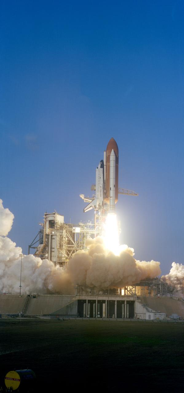 S84-26327 (3 Feb. 1984) --- Beginning a busy year, NASA's space shuttle Challenger, attached to two solid rocket boosters and an external fuel tank which it will later jettison, blasts off from Pad A at Kennedy Space Center's Launch Complex 39 at 8:00 a.m. (EST), Feb. 3, 1984. Inside the STS 41-B spacecraft are astronauts Vance D. Brand, Robert L. Gibson, Bruce McCandless II, Ronald E. McNair and Robert L. Stewart. Brand is making his first trip in the Challenger but his second STS flight and third spaceflight overall. The rest of the crew members are experiencing space travel for the first time. Marking a space first, this flight will be landing at KSC. Photo credit: NASA