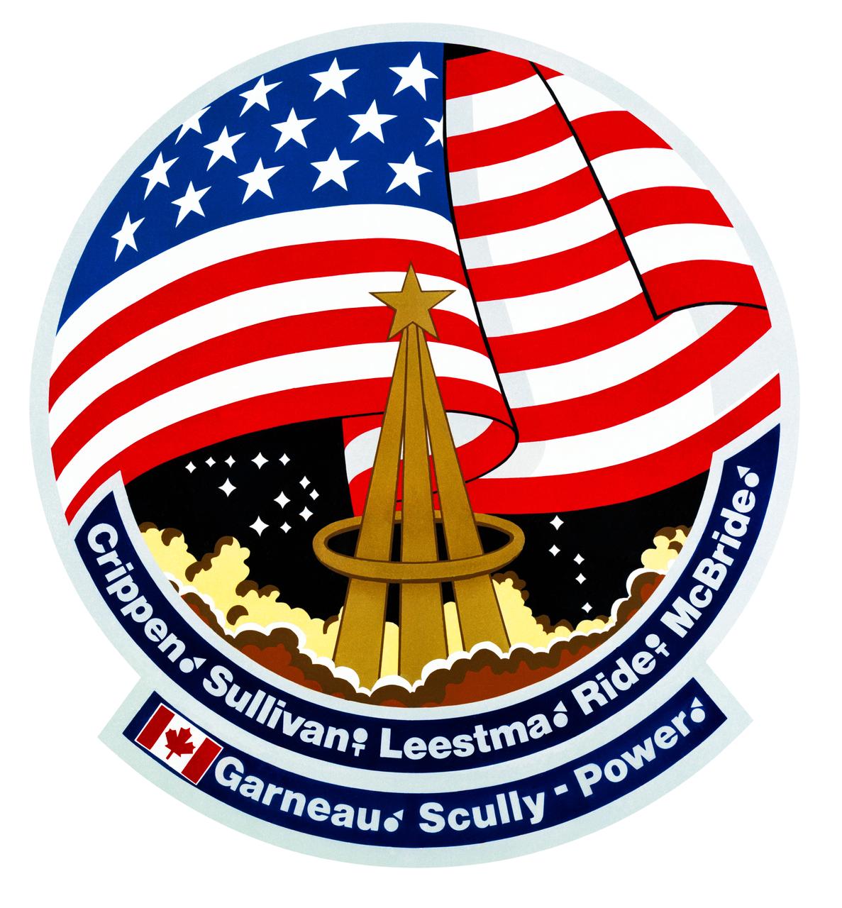 S84-36158 (June 1984) --- The STS-41G Challenger mission insignia focuses on its seven crew members (first to exceed six), the United States flag and the Unity symbol known as the astronaut pin. The pin design in center shows a trio of trajectories merging in infinite space, capped by a bright shining star and encircled by an elliptical wreath denoting orbital flight. Crew members for the (originally-scheduled 17th STS) mission include astronauts Robert L. Crippen and Jon A. McBride, commander and pilot, respectively, whose surnames flank those of the NASA mission specialists - astronauts Kathryn D. Sullivan, David C. Leestma and Sally K. Ride. Paul Scully-Power, a United States Navy oceanographer, and Marc Garneau, a Canadian, join the crew as payload specialists.  The artwork was done for NASA by Patrick Rawlings.     The NASA insignia design for space shuttle flights is reserved for use by the astronauts and for other official use as the NASA Administrator may authorize. Public availability has been approved only in the forms of illustrations by the various news media. When and if there is any change in this policy, which is not anticipated, the change will be publicly announced. Photo credit: NASA