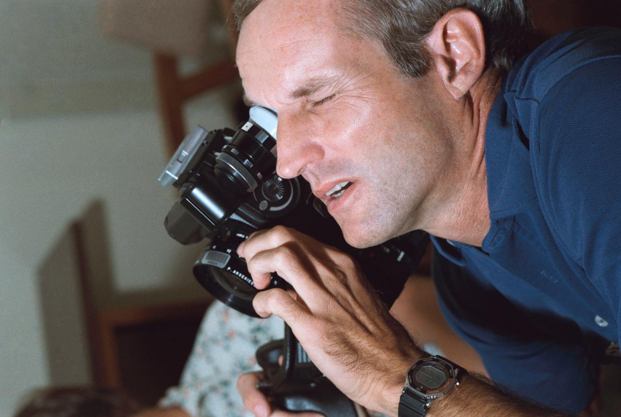 View of STS 51-D crew commander Karol Bobko training with the Arriflex 16mm camera.