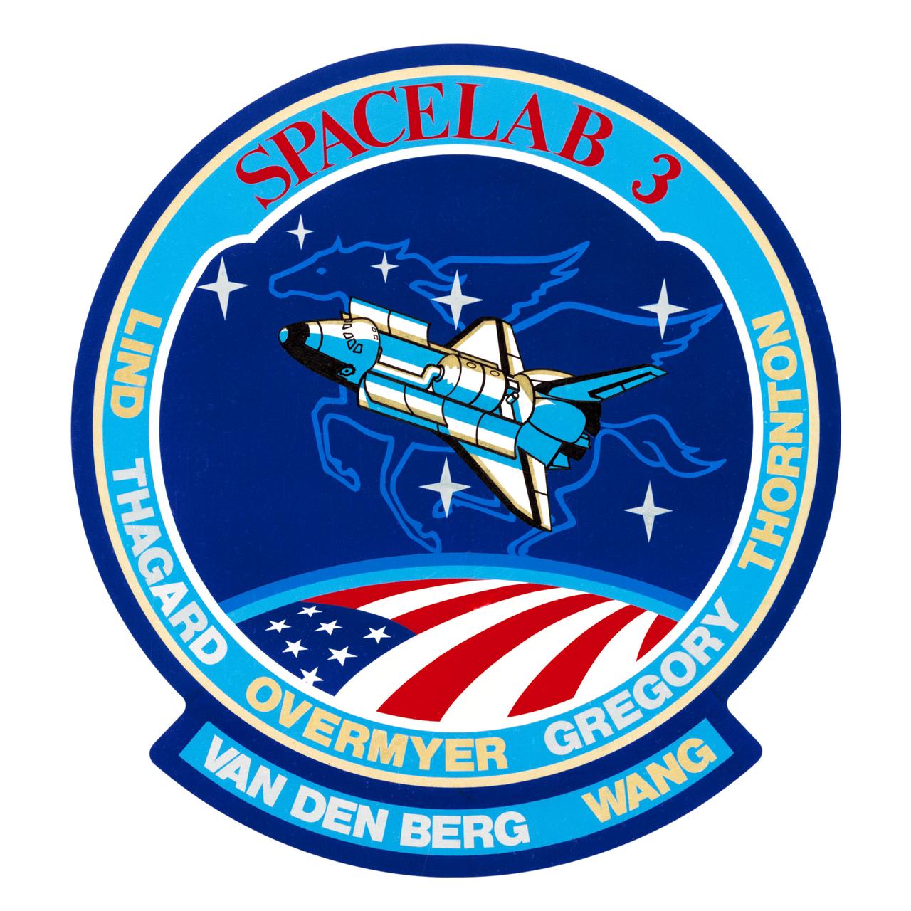 S84-44372 (December 1984) --- The space shuttle Discovery and its science module payload are featured in the insignia for the STS-51B/Spacelab 3 mission. The seven stars of the constellation Pegasus surround the orbiting spaceship above the flag draped Earth. Surnames of the seven crew members encircle the scene. Crew members are astronauts Robert F. Overmyer, Frederick D. Gregory, Don L. Lind, Norman E. Thagard and William E. Thornton; and payload specialists Lodewijk van den Berg and Taylor G. Wang. The artwork was done by Carol Ann Lind.     The NASA insignia design for space shuttle flights is reserved for use by the astronauts and for other official use as the NASA Administrator may authorize. Public availability has been approved only in the forms of illustrations by the various news media. When and if there is any change in this policy, which is not anticipated, the change will be publicly announced. Photo credit: NASA