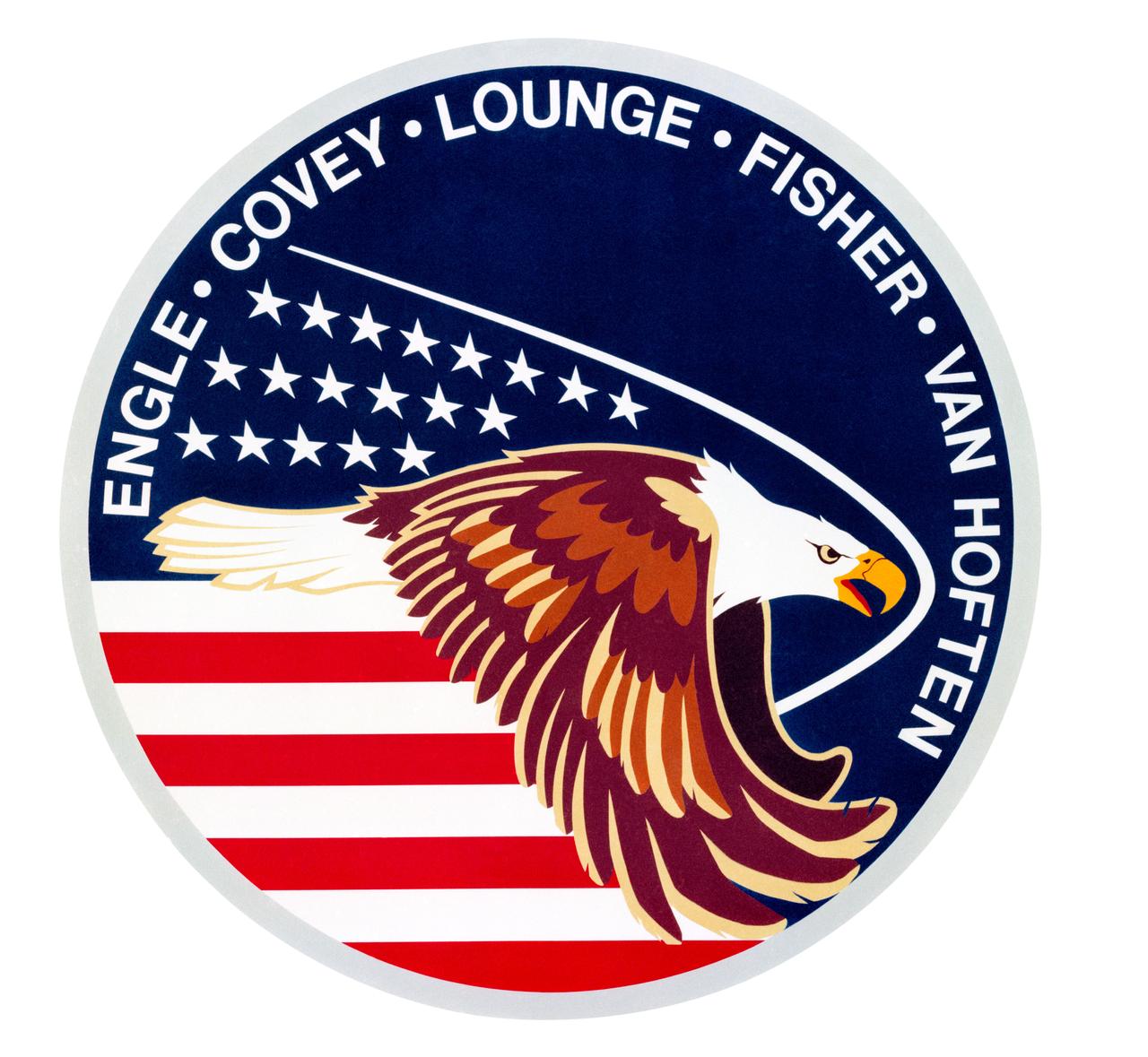 S85-25870 (August 1985) --- The crew emblem for STS-51I is based on a strong patriotic theme with the basic colors of red, white and blue suggesting the American flag and a dominant American bald eagle in aggressive flight. The 19 stars signify the numerical sequence of the flight. The shock wave represents that formed by the orbiter during the entry phase of the flight. Surnames of crew members surround the top part of the circular design. The five-member crew composed of astronauts Joe H. Engle, commander; Richard O. Covey, pilot; John Michael (Mike) Lounge, William F. Fisher and James D. van Hoften, all mission specialists.     The NASA insignia design for space shuttle flights is reserved for use by the astronauts and for other official use as the NASA Administrator may authorize. Public availability has been approved only in the forms of illustrations by the various news media. When and if there is any change in this policy, which is not anticipated, the change will be publicly announced. Photo credit: NASA