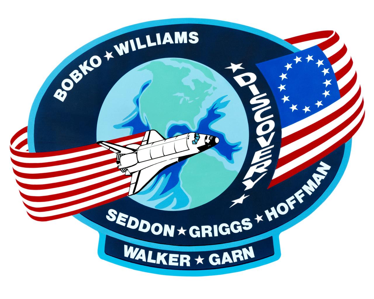 S85-28989 (March 1985) --- The dominant features of the STS-51D emblem are an orbit formed by a Colonial American flag and a space shuttle. The flag in orbit signifies the U.S. flag to indicate that it comes from this country and the American people. The original 13-star flag is used to symbolize a continuity of technical achievement and progress since colonial times. The name Discovery preceding the flag represents the spirit of Discovery and exploration of new frontiers which have been a hallmark of American people even before they were formed together as a nation. The crew members are Karol J. Bobko, Donald E. Williams, Rhea Seddon, S. David Griggs and Jeffrey A. Hoffman of NASA; and Charles D. Walker, representing McDonnell Douglas Corporation; and U. S. Senator Jake Garn.     The NASA insignia design for space shuttle flights is reserved for use by the astronauts and for other official use as the NASA Administrator may authorize. Public availability has been approved only in the forms of illustrations by the various news media. When and if there is any change in this policy, which is not anticipated, the change will be publicly announced. Photo credit: NASA