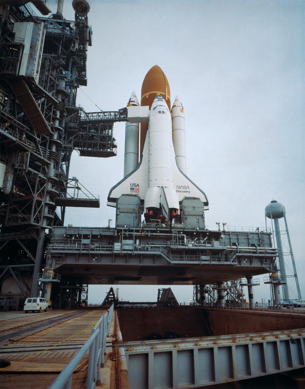 Shuttle Discovery on the launch pad for the STS 51-D mission.
