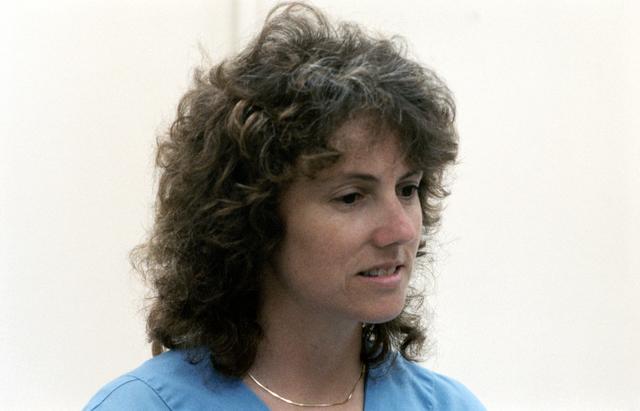 Teacher in Space Christa McAuliffe talks to the media