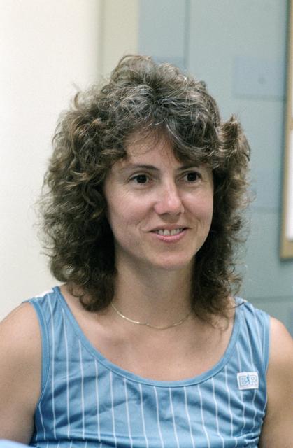 Casual view of Christa McAuliffe during training for STS 51-L