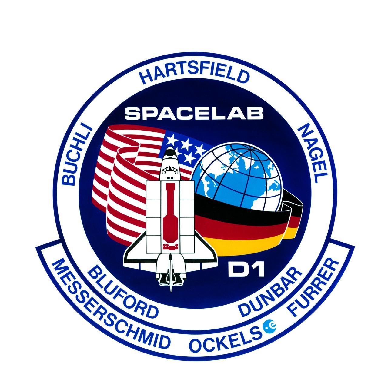 S85-38035 (August 1985) --- This insignia has been chosen by the eight members of the STS-61A/D1 Spacelab mission as the emblem they will wear on their spacesuits and which will represent the record-sized space shuttle crew on the scheduled autumn mission. Crew members' surnames surround the colorful patch scene depicting Challenger carrying a long science module and an international crew from Europe and the United States. Serving on the crew are Henry W. Hartsfield Jr., commander; Steven R. Nagel, pilot; Bonnie J. Dunbar, mission specialist; James F. Buchli, mission specialist; Guion S. Bluford Jr., mission specialist; Ernst Messerschmid, German payload specialist; Reinhard Furrer, German payload specialist; and Wubbo J. Ockels, Dutch payload specialist.     The NASA insignia design for space shuttle flights is reserved for use by the astronauts and for other official use as the NASA Administrator may authorize. Public availability has been approved only in the forms of illustrations by the various news media. When and if there is any change in this policy, which is not anticipated, the change will be publicly announced. Photo credit: NASA