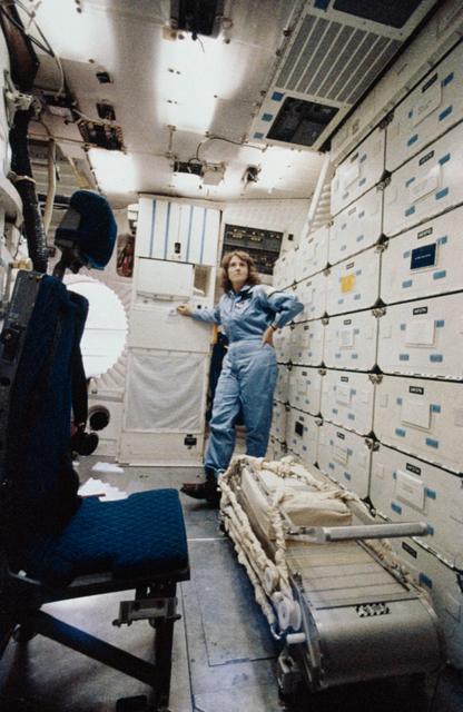 NASA image: Christa McAuliffe surveys middeck mockup