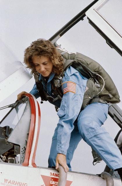 NASA image: Christa McAuliffe during her training ride in the T-38 jet trainer