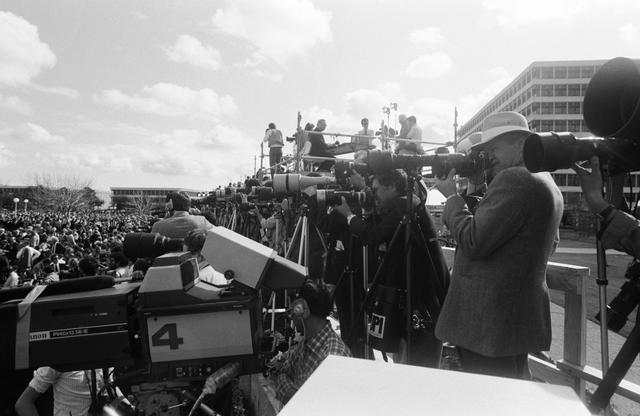 NASA image: News Media at the Memorial service at JSC for the Crew of STS 51-L