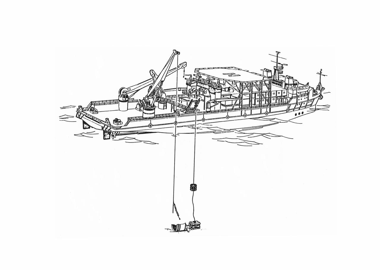 S86-30088 (March 1986) --- Salvage operations offshore of Kennedy Space Center, are depicted in this artist’s concept showing a grapple and recovery fixture (left) being directed through the use of a remote video system suspended from the recovery ship. Photo credit: NASA