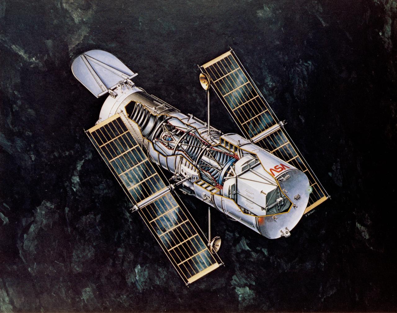 Artist Concept views of the Hubble Space Telescope, one with two Astronauts out on Extravehicular Activity (EVA) and a cutaway view of the telescope.        1.  SHUTTLE - Payloads (Hubble Telescope)