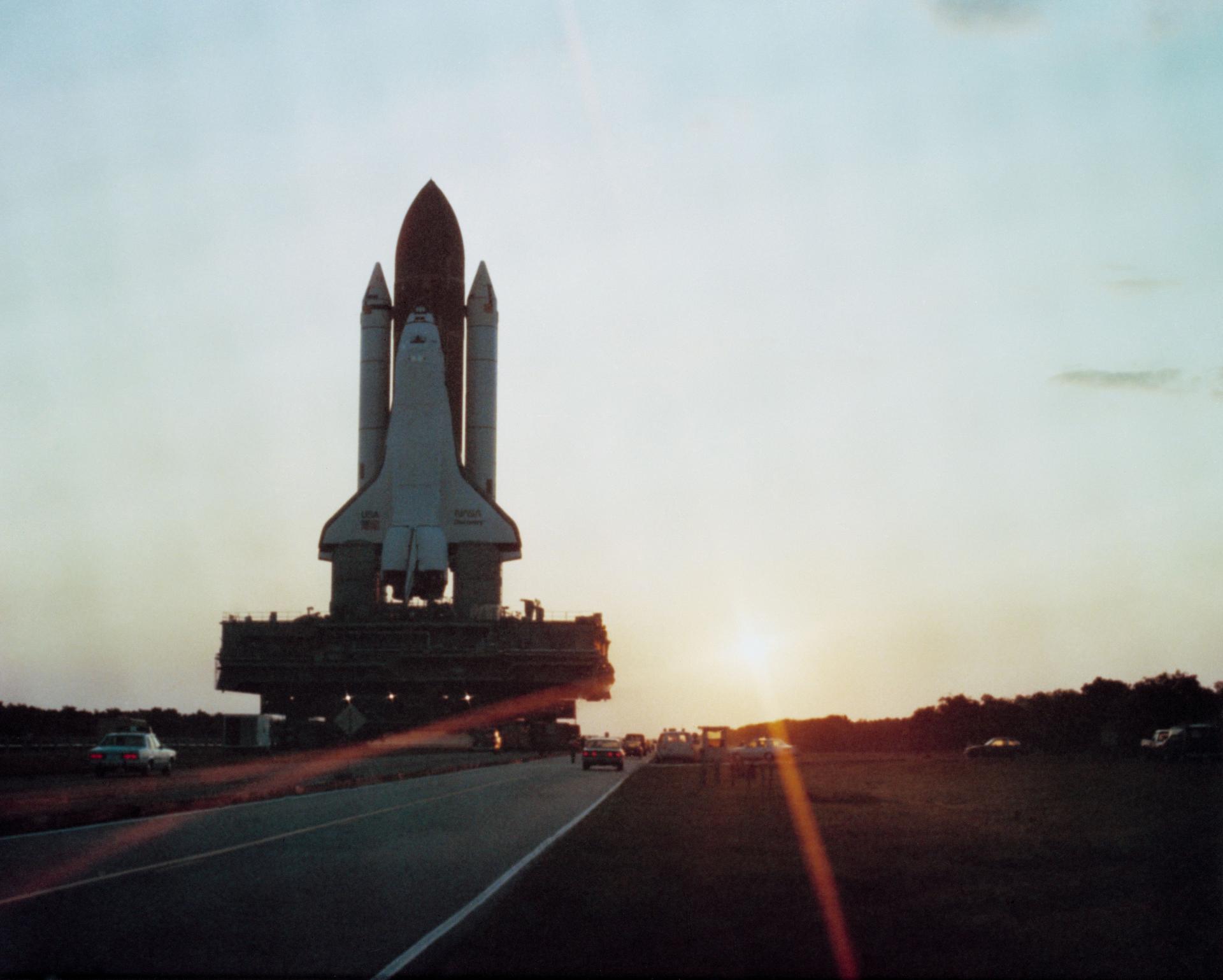 Space Shuttle Discovery rolls out to the launchpad for its maiden flight