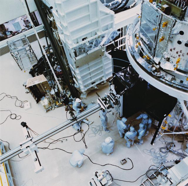 Hubble Space Telescope (HST) at Lockheed Facility during preflight assembly