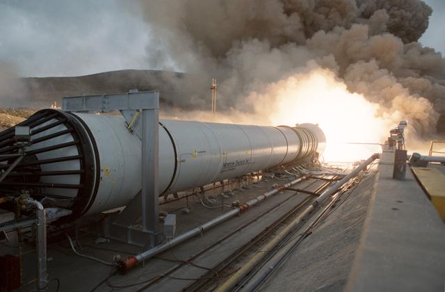 NASA image: Solid Rocket Qualification Motor Firing at the Morton Thiokol facility at