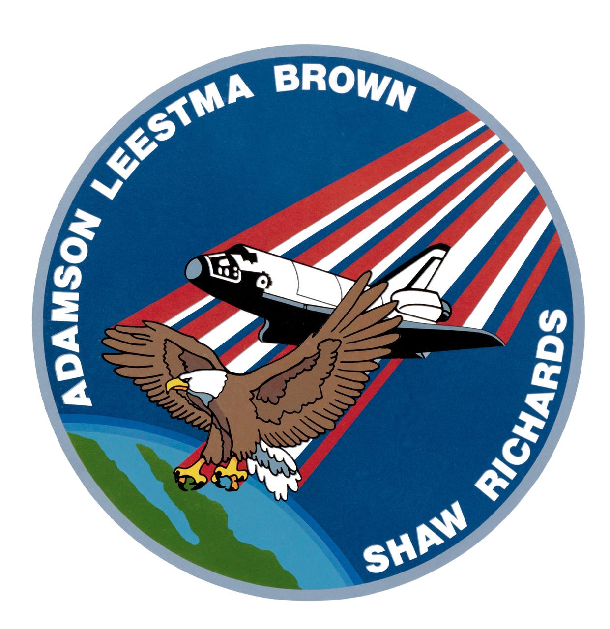 S88-40309 (7 Nov. 1988) --- The STS-28 insignia was designed by the astronaut crew, who said it portrays the pride the American people have in their manned spaceflight program. It depicts America (the eagle) guiding the space program (the space shuttle) safely home from an orbital mission. The view looks south on Baja California and the west coast of the United States as the space travelers re-enter the atmosphere. The hypersonic contrails created by the eagle and shuttle represent the American flag. The crew called the simple boldness of the design symbolic of America's unfaltering commitment to leadership in the exploration and development of space. Crew members for STS-28 are astronauts Brewster H. Shaw Jr.,commander; Richard N. Richards, pilot; and David C. Leestma, Mark N. Brown and James C. Adamson, mission specialists. The NASA insignia design for space shuttle flights is reserved for use by the astronauts and for other official use as the NASA Administrator may authorize. Public availability has been approved only in the forms of illustrations by the various news media. When and if there is any change in this policy, which is not anticipated, the change will be publicly announced. Photo credit: NASA