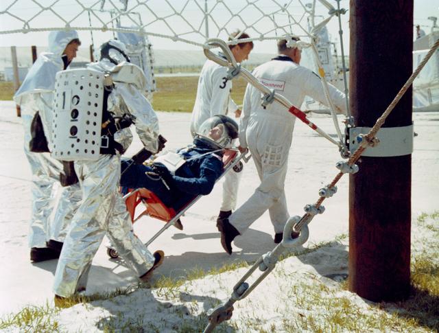 NASA image: STS-26 crew during emergency egress exercise at LC 39 launch pad B