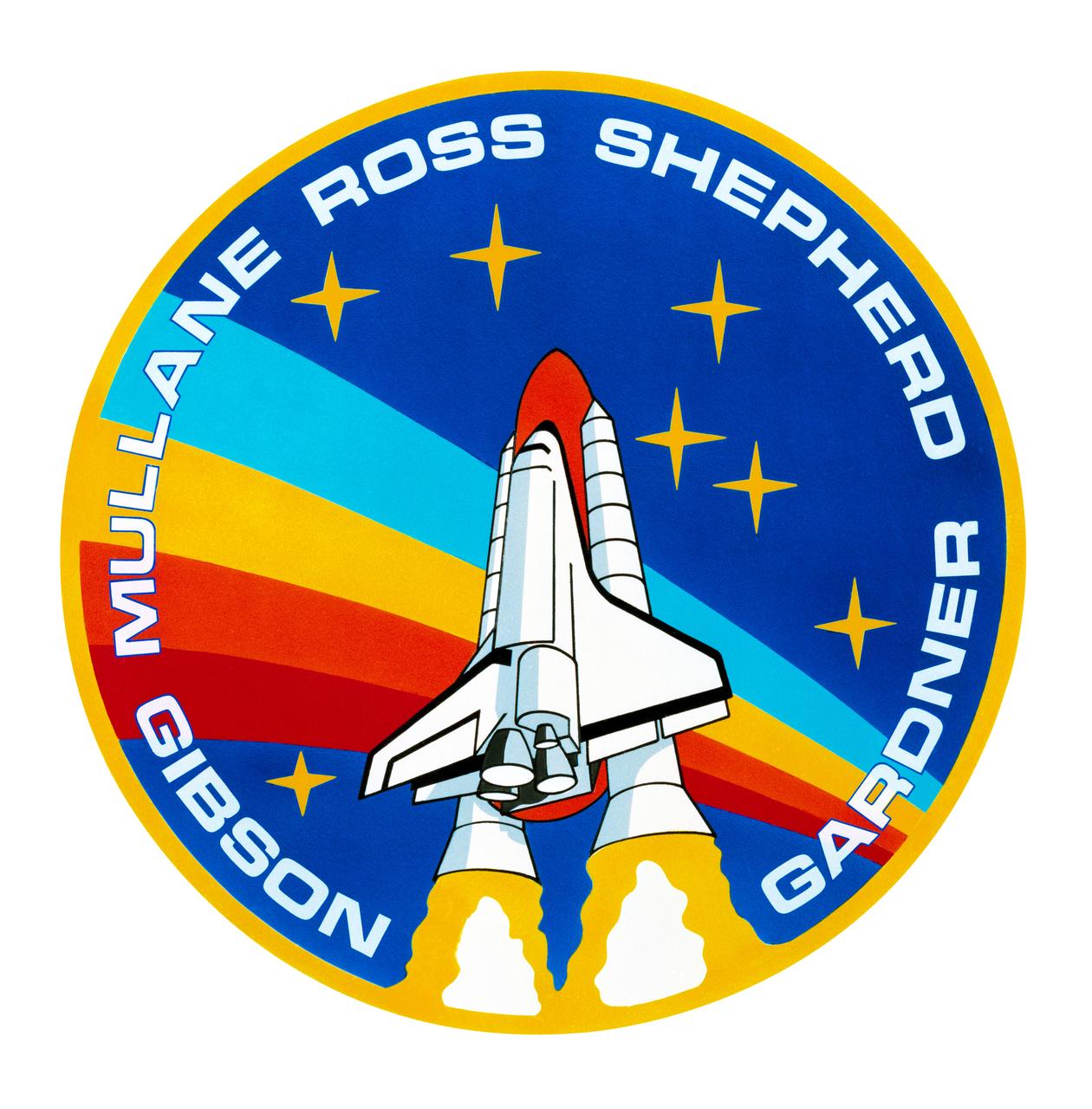 S88-41481 (15 July 1988) --- This is the official insignia of the NASA STS-27 mission. The patch depicts the space shuttle lifting off against the multi-colored backdrop of a rainbow, symbolizing the triumphal return to flight of our nation's manned space program. The design also commemorates the memory of the crew of Challenger mission STS51-L, represented by the seven stars. The names of the flight crew members of STS-27 are located along the border of the patch. They are astronauts Robert L. Gibson, commander; Guy S. Gardner, pilot; Jerry L. Ross, Richard M. (Mike) Mullane and William M. Shepherd, mission specialists.  Each crew member contributed to the design of the insignia.     The NASA insignia design for space shuttle flights is reserved for use by the astronauts and for other official use as the NASA Administrator may authorize. Public availability has been approved only in the forms of illustrations by the various news media. When and if there is any change in this policy, which is not anticipated, the change will be publicly announced. Photo credit: NASA