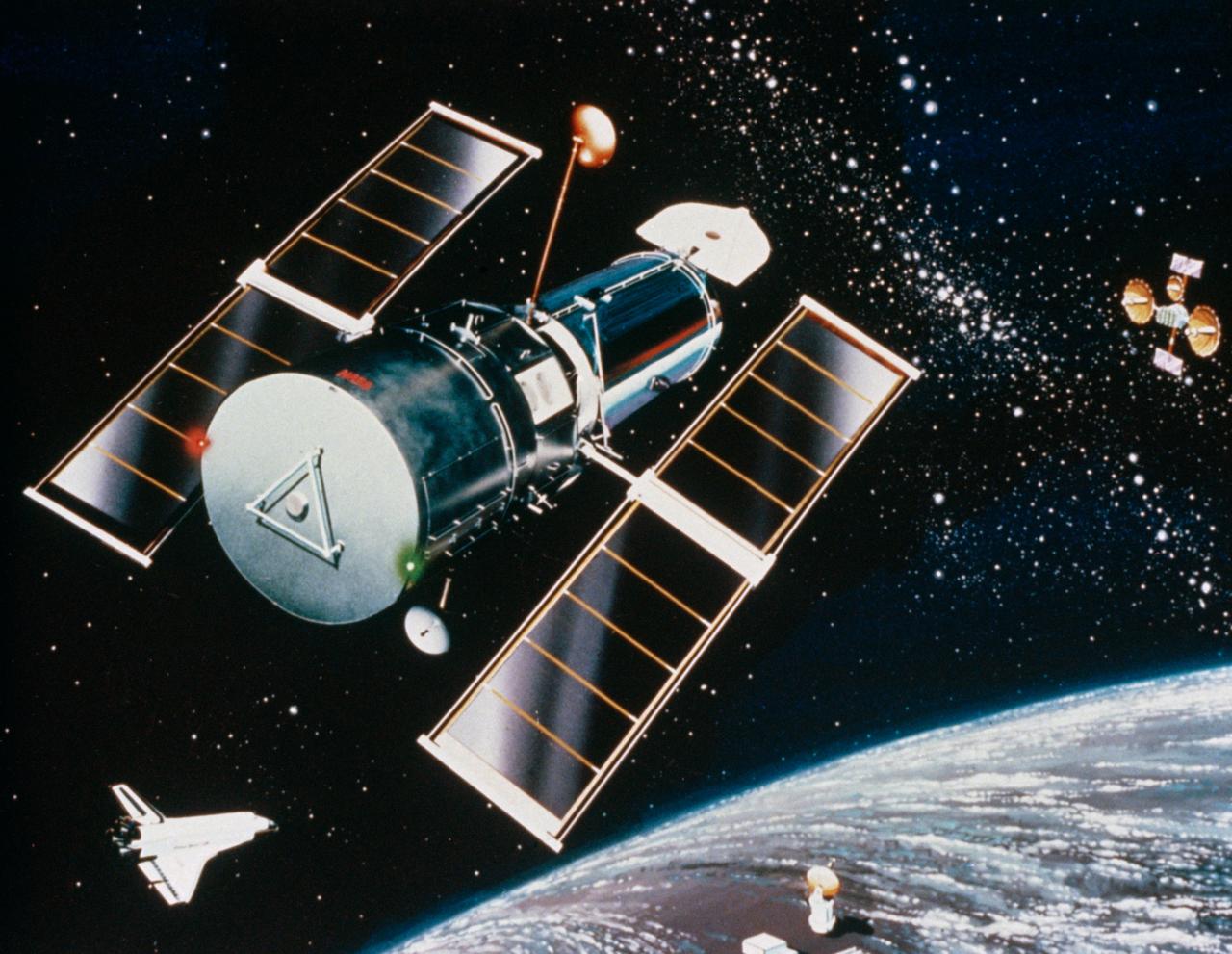 Artist concept shows the Hubble Space Telescope (HST) placed in orbit above the Earth's distorting layer of atmosphere by Discovery, Orbiter Vehicle (OV) 103, during mission STS-31. Tracking and data relay satellite (TDRS) is visible in the background and ground station is visible below on the Earth's surface. HST is the first of the great observatories to go into service and one of NASA's highest priority scientific spacecraft. Capable of observing in both visible and ultraviolet wavelengths, HST has been termed the most important scientific instrument ever designed for use on orbit. It will literally be able to look back in time, observing the universe as it existed early in its lifetime and providing information on how matter has evolved over the eons. The largest scientific payload ever built, the 12 1/2-ton, 43-foot HST was developed by Lockheed Missiles & Space Company, spacecraft prime contractor, and Perkin-Elmer Corporation, prime contractor for the optical assembly. The European Space Agency (ESA) furnished the power generating solar array and one of the system's five major instruments. Marshall Space Flight Center (MSFC) manages the HST project; Goddard Space Flight Center (GSFC) will be responsible, when the spacecraft is in orbit, for controlling the telescope and processing the images and instrument data returns.