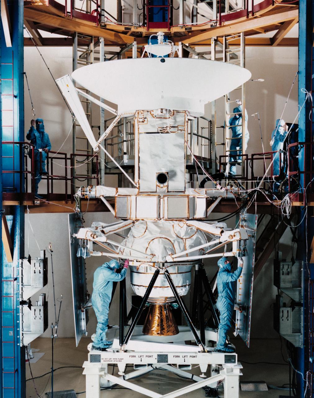 S88-50418 (August 1988) --- Engineers and technicians at the Martin Marietta plant in Denver, Colorado, prepare the spacecraft for its six-week long trip to the Kennedy Space Center (KSC). The spacecraft, destined for unprecedented studies of Venusian topographic features, will be mated to its upper stage while at KSC and later onloaded to Atlantis and eventually will be deployed by the crew of NASA's STS-30 mission in April 1989.