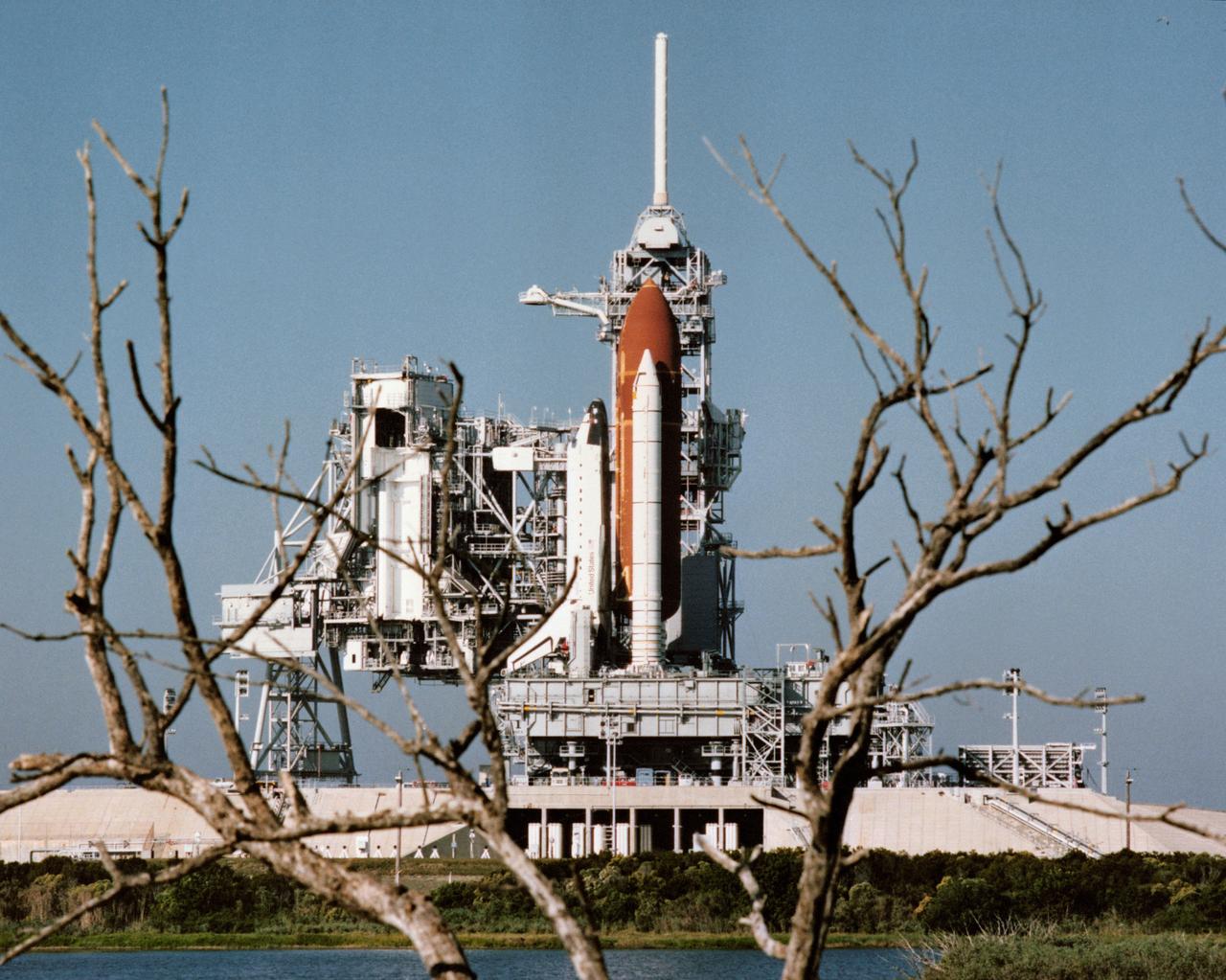 S88-52659 (2 Nov 1988)  --- The Space Shuttle Atlantis on Launch Pad 39B at KSC following the roll-out process from the vehicle assembly building.  It will undergo final checkouts and evaluations prior to its launch for the STS 27 mission late this month.