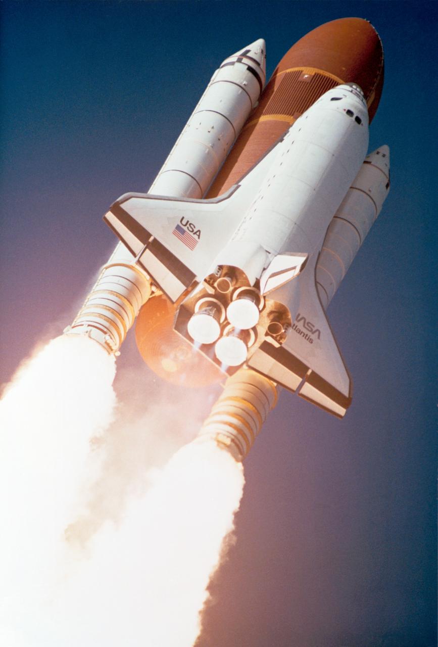 S88-55870 (2 Dec. 1988) --- The space shuttle Atlantis and its five-man crew of astronauts are launched from Kennedy Space Center?s Pad 39B at 9:30 a.m. (EST), Dec. 2, 1988. Onboard the Department of Defense?dedicated mission are astronauts Robert L. Gibson, Guy S. Gardner, Jerry L. Ross, Richard M. (Mike) Mullane and Williams M. Shepherd. Photo credit: NASA