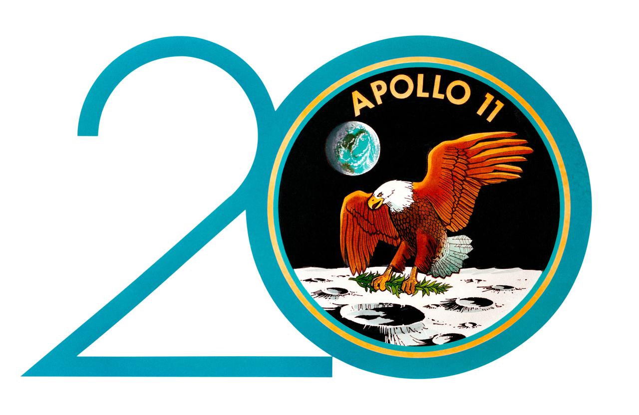 Logo for the 20th Anniversary of the Apollo 11 mission. Logo is described as the numeral 20. Inside the zero is a representation of an eagle landing on the lunar surface with the title "Apollo 11" above it.