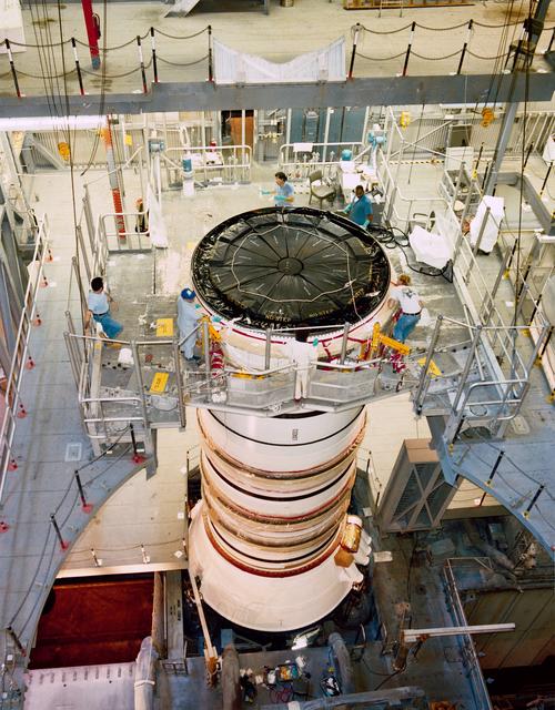 NASA image: STS-29 Discovery, OV-103, solid rocket booster (SRB) preparation at KSC
