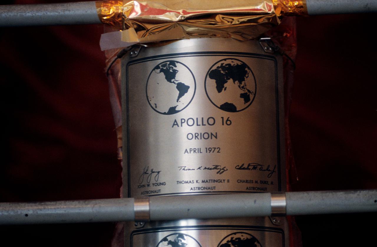S89-36956 (16 June 1989) --- A replica of the plaque left on the moon by the Apollo 16 crew.