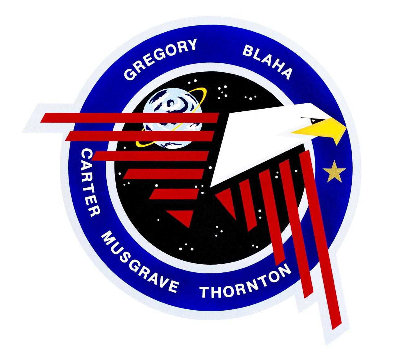 S89-39195 (July 1989) --- This is the crew patch for STS-33, designed by the five crew members. It features a stylized falcon soaring into space to represent America's commitment to manned spaceflight. The crew members feel the falcon symbolizes courage, intelligence, tenacity, and love of flight. They intend the orbit around Earth to represent the falcon's lofty domain; however, the bird, with its keen vision and natural curiosity, is depicted looking forward beyond that domain to challenge the edge of the universe. The bold red feathers of the wings drawn from the American flag overlaying the random field of stars illustrate the determination to expand the boundaries of knowledge by American presence in space. The single gold star on a field of blue honors the memory of the late Rear Admiral S. David Griggs, originally assigned to this crew. The NASA insignia design for space shuttle flights is reserved for use by the astronauts and for other official use as the NASA Administrator may authorize. Public availability has been approved only in the forms of illustrations by the various news media. When and if there is any change in this policy, which is not anticipated, the change will be publicly announced. Photo credit: NASA