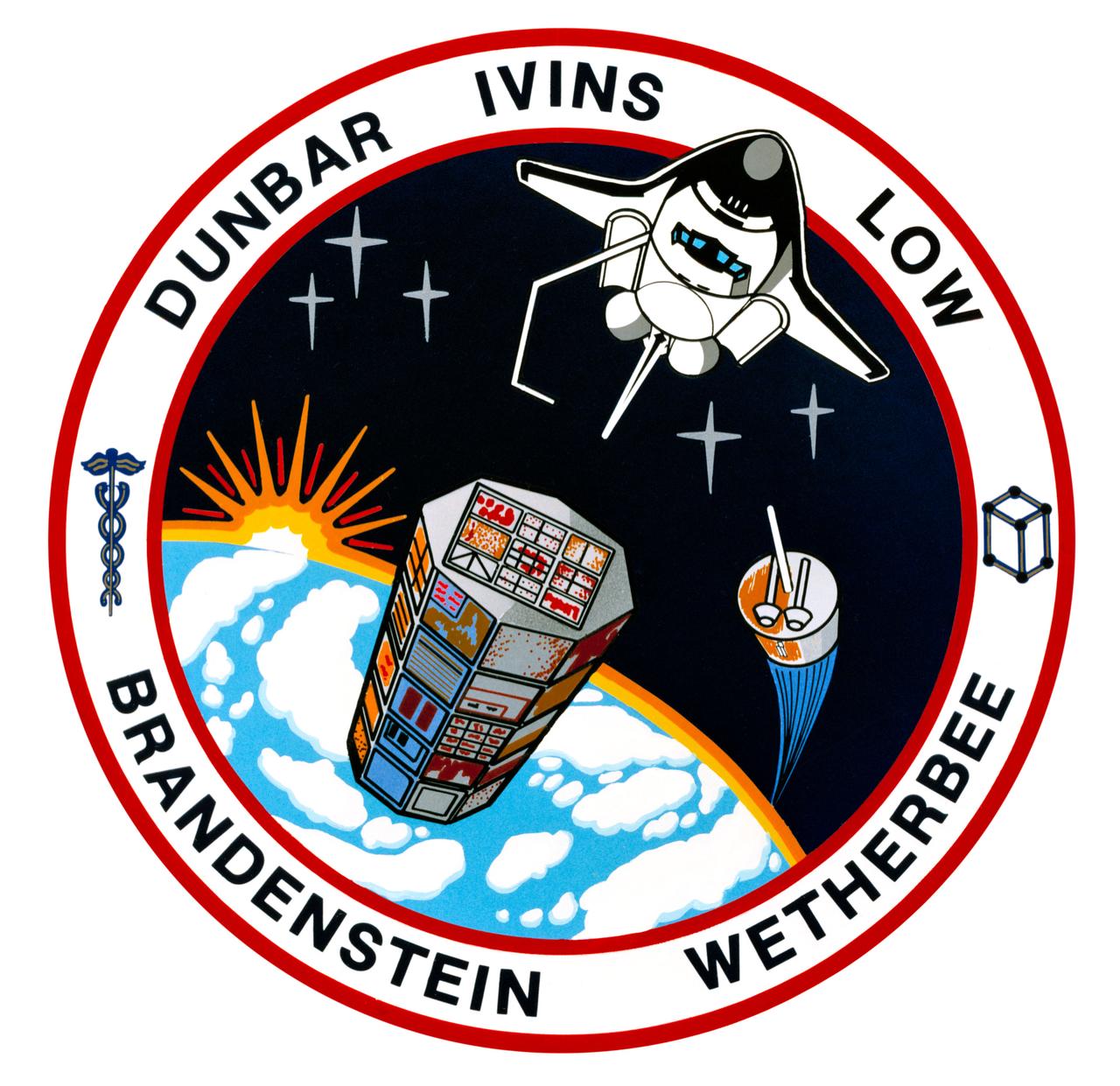 S89-44076 (November 1989) --- The STS-32 patch, designed by the five crew members for the scheduled December 1989 space mission, depicts the space shuttle orbiter rendezvousing with the Long Duration Exposure Facility (LDEF) satellite from above. The Syncom satellite is successfully deployed and on its way to geosynchronous orbit.  Five stars have been arranged so that three are one side of the orbiter and two on the other to form the number 32. The seven major rays of the sun are in remembrance of the crew members for STS51-L. In preparation for the first Extended Duration Orbiter (EDO) missions, STS-32 will conduct a number of medical and middeck scientific experiments. The caduceus on the left represents the medical experiments, and the crystalline structure on the right represents the materials science. The crew is comprised of astronauts Daniel C. Brandenstein, James D. Wetherbee, Bonnie J. Dunbar, Marsha S. Ivins and G. David Low.     The NASA insignia design for space shuttle flights is reserved for use by the astronauts and for other official use as the NASA Administrator may authorize. Public availability has been approved only in the form of illustrations by the various news media. When and if there is any change in this policy, which is not anticipated, it will be publicly announced. Photo credit: NASA