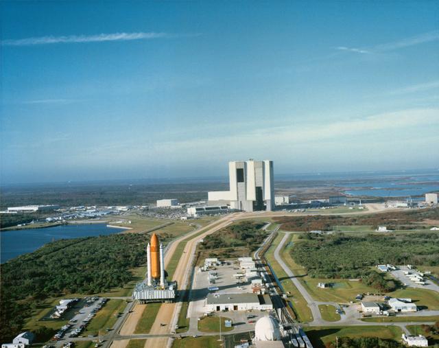 NASA image: STS-36 Atlantis, OV-104, leaves VAB during its rollout to KSC LC Pad 39A