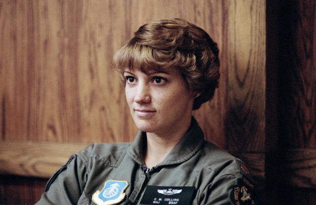NASA image: Astronaut candidate Eileen Collins during parachute ejection briefing
