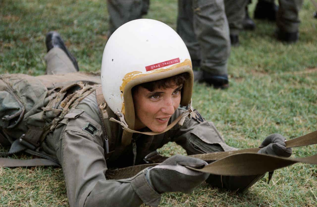 S90-45883 (29-31 July 1990) --- Nancy J. Sherlock, one of 23 astronaut candidates who began a year's training and evaluation in July, participates in one of many sessions at a survival training course at Vance Air Force Base.  Sherlock is about to take part in parachute drag training.  The overall course is designed to familiarize the trainees with procedures to follow in the event of an emergency ejection from a jet aircraft.