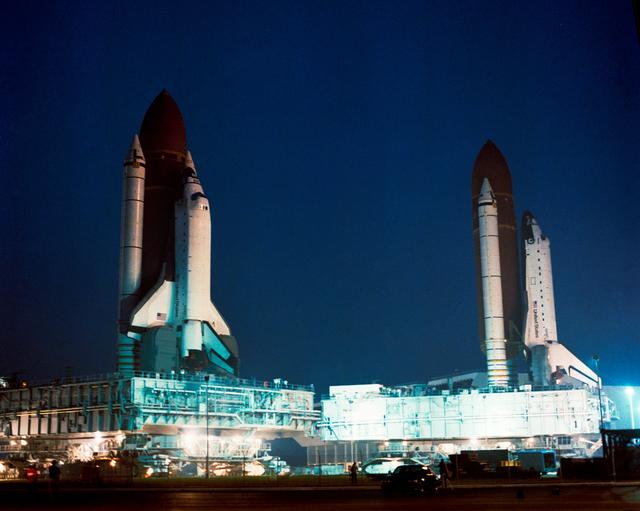 NASA image: STS-35 Columbia, OV-102, passes STS-38 Atlantis, OV-104, heading to Pad 39A